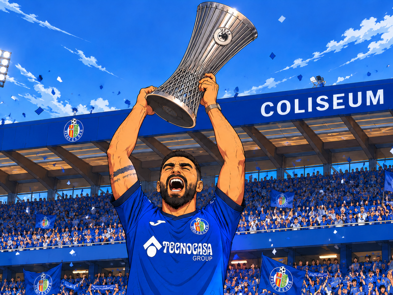 Ilustración de Dani Carvajal con la camiseta del Getafe levantando un trofeo en el Coliseum
