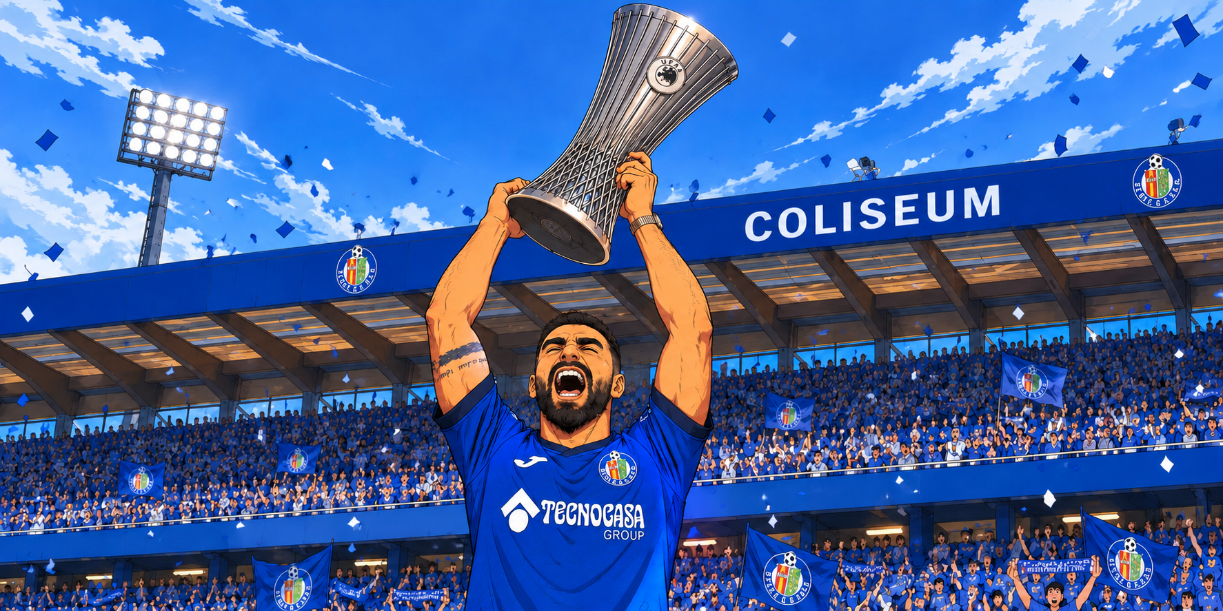 Ilustración de Dani Carvajal con la camiseta del Getafe levantando un trofeo en el Coliseum