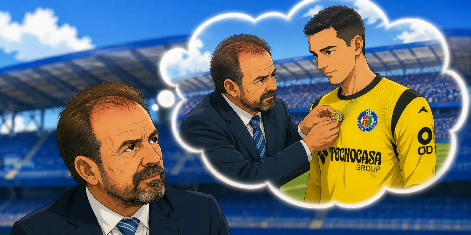 Ilustración estilo anime futbolístico para David Soria bate el récord de titularidades consecutivas de Primera y recibirá la Insignia de Oro y Brillantes