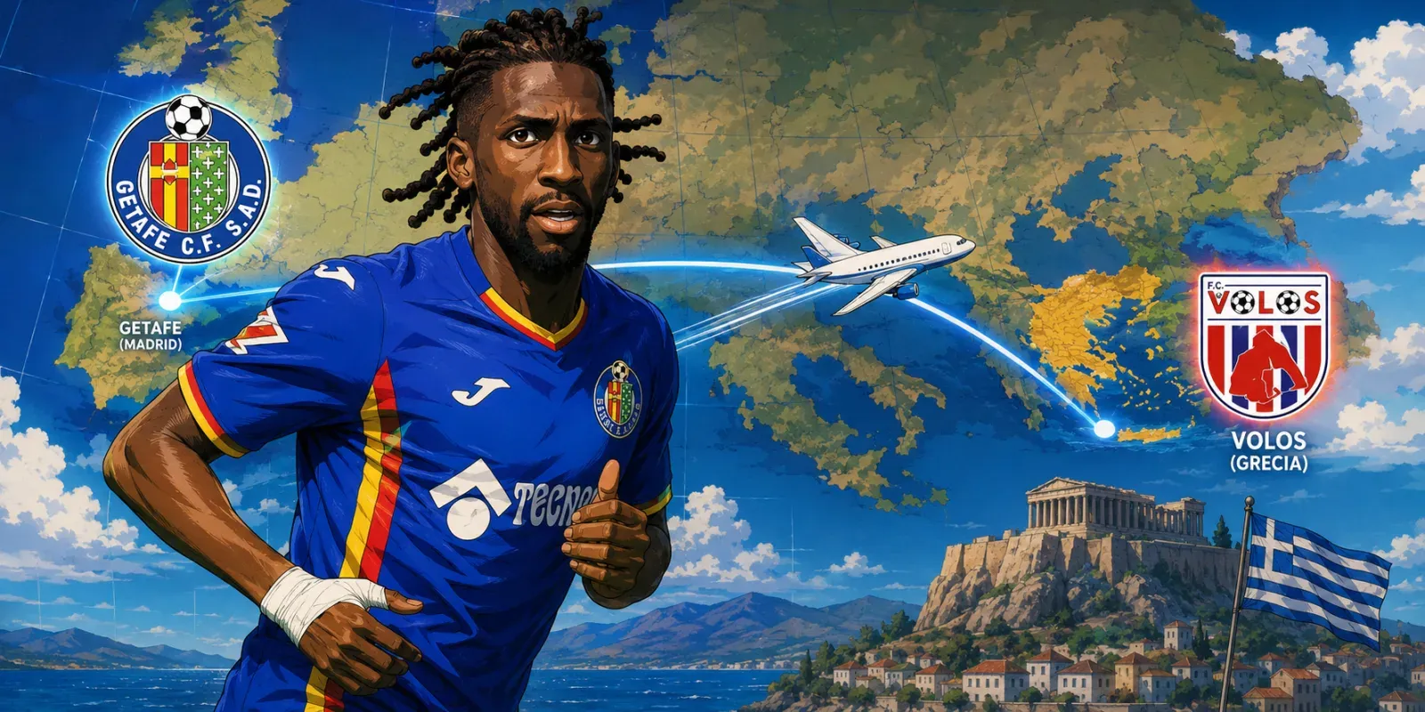 Ilustración estilo anime futbolístico para El Getafe cede a Yvan Neyou al Volos griego hasta el final de la temporada