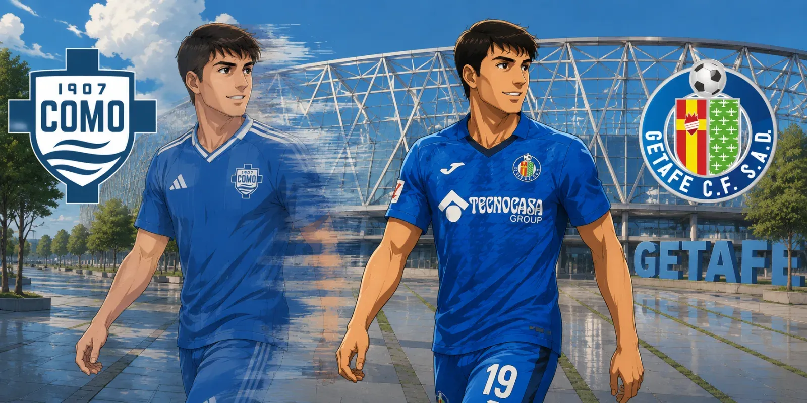 Ilustración estilo anime futbolístico para El Getafe cierra el mercado con Iván Azón, cedido por el Como 1907 hasta final de temporada