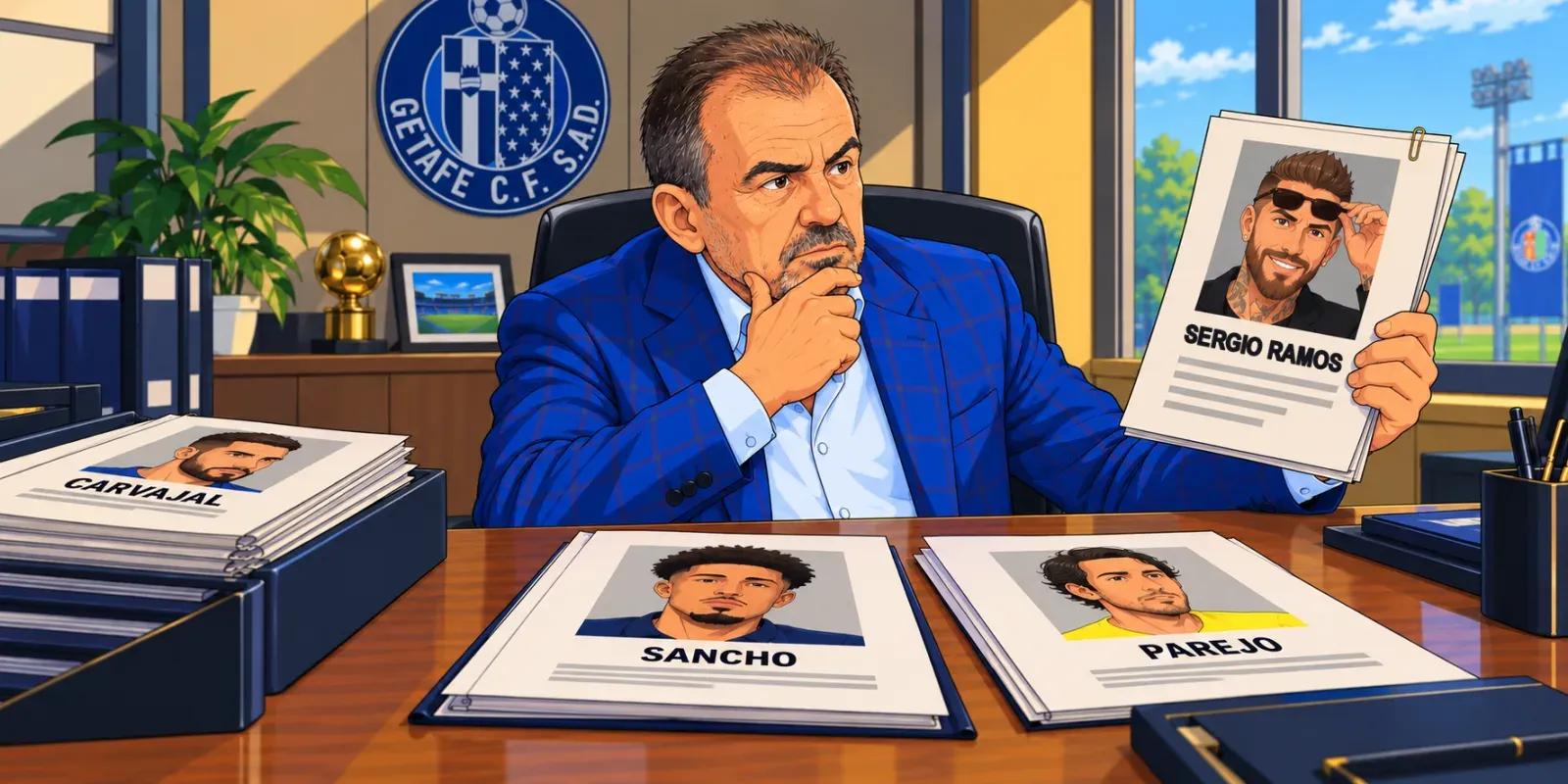 Ilustración estilo anime futbolístico para El Getafe confirma contactos con el entorno de Sergio Ramos, aunque el central no es su prioridad