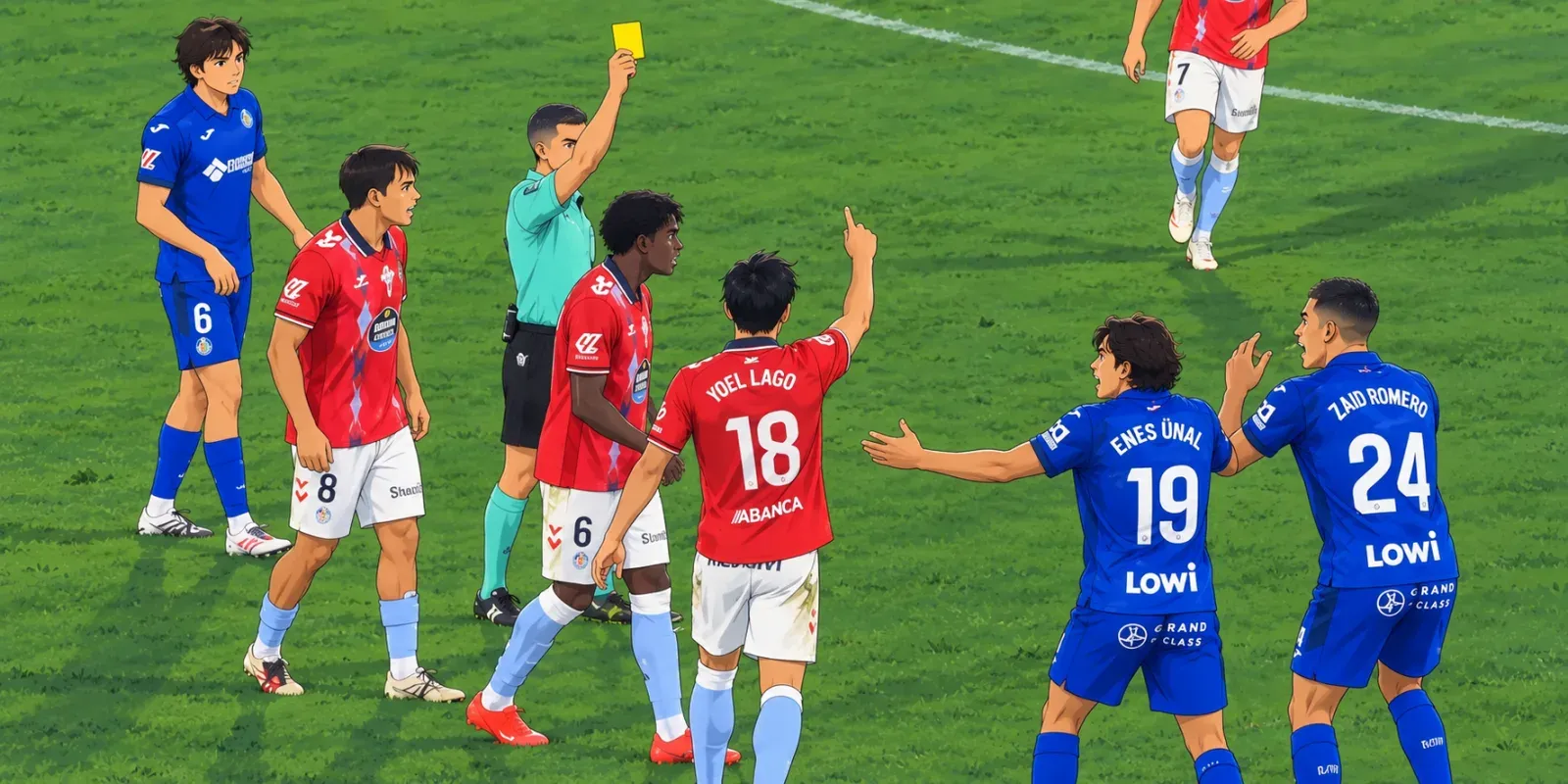 Ilustración estilo anime futbolístico para El Getafe resiste al Celta tras una expulsión demasiado rigurosa de Zaid Romero