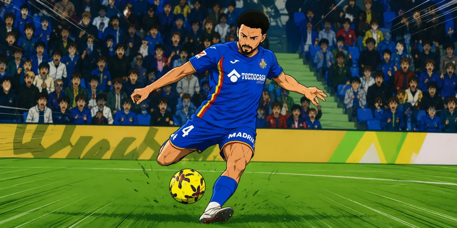 Ilustración estilo anime futbolístico para El Getafe traspasa a Javi Muñoz al Almería, que lo firma por dos temporadas