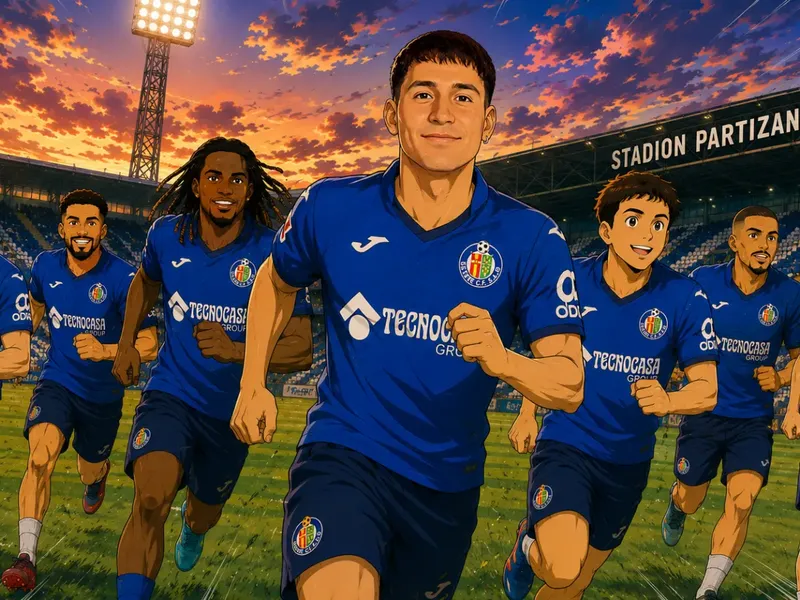 Ilustración estilo anime futbolístico para El Getafe viaja a Belgrado con Mario Martín en la expedición para cerrar el pase ante el Partizán