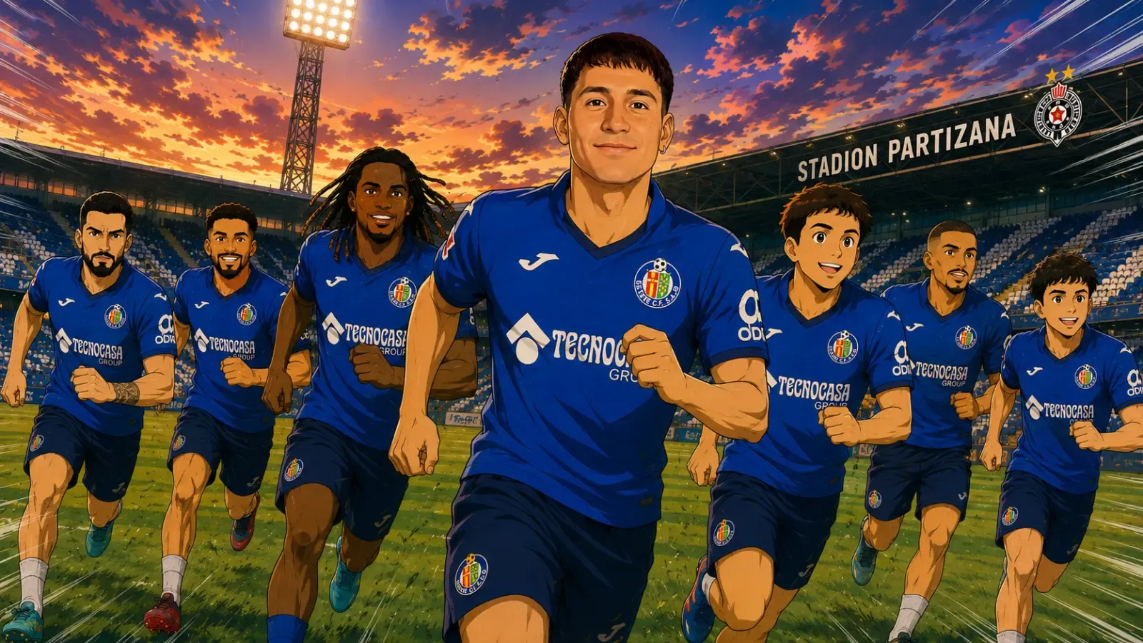 Ilustración estilo anime futbolístico para El Getafe viaja a Belgrado con Mario Martín en la expedición para cerrar el pase ante el Partizán