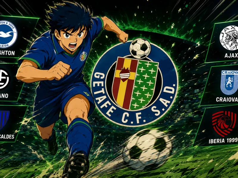 Ilustración estilo anime futbolístico: futbolista del Getafe golpeando el balón junto al escudo del club, rodeado por los escudos de sus seis rivales en la fase liga de la Conference League (Brighton, Lugano, Inter Escaldes, Ajax, Craiova e Iberia 1999)
