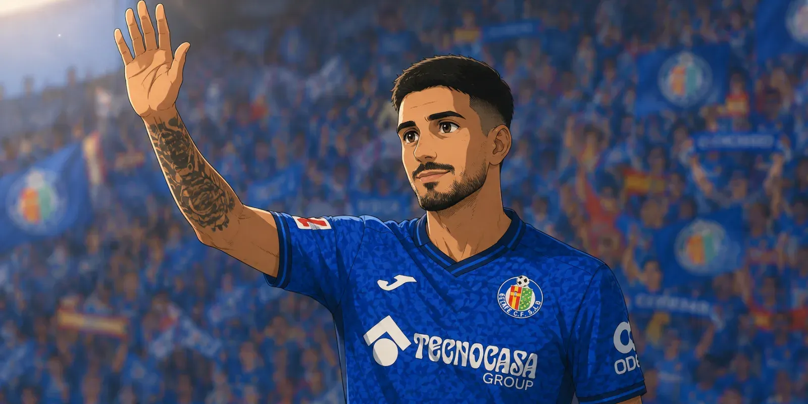 Ilustración estilo anime futbolístico para El Getafe y Juan Berrocal rescinden su contrato y el central firma por el Málaga