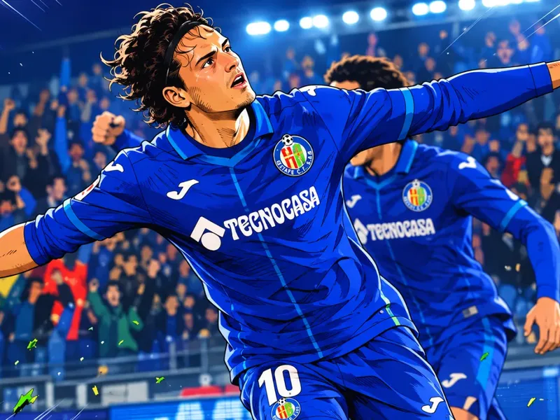 Enes Ünal celebra un gol con la camiseta del Getafe ante su afición, ilustración en estilo anime futbolístico clásico