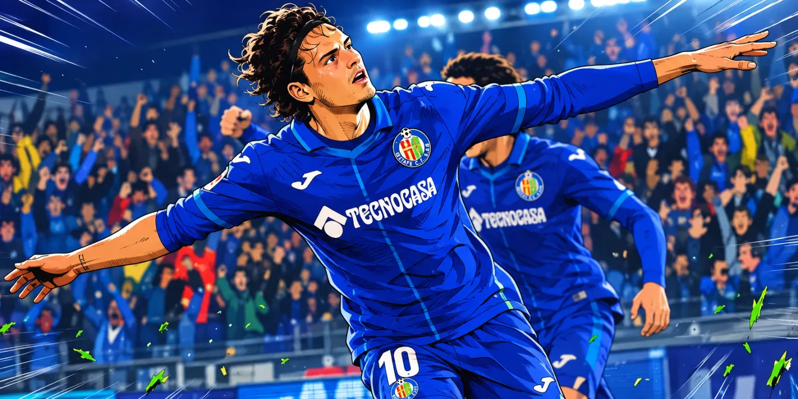 Enes Ünal celebra un gol con la camiseta del Getafe ante su afición, ilustración en estilo anime futbolístico clásico