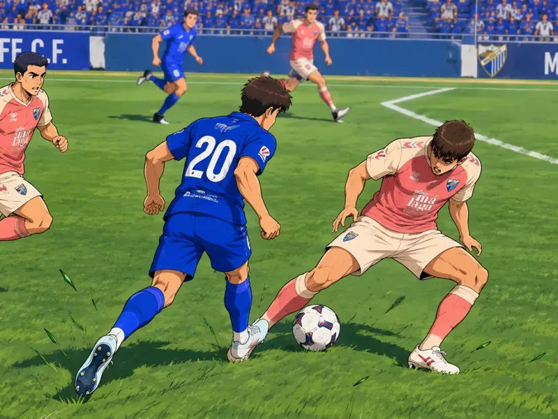 Ilustración estilo anime futbolístico: jugador del Getafe con el dorsal 20 encara a dos defensas del Málaga junto a la línea de banda en el Coliseum