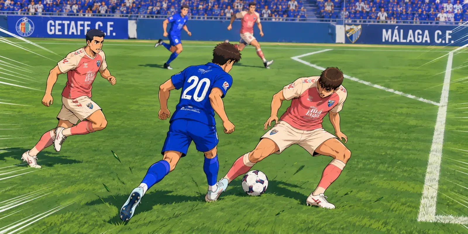 Ilustración estilo anime futbolístico: jugador del Getafe con el dorsal 20 encara a dos defensas del Málaga junto a la línea de banda en el Coliseum