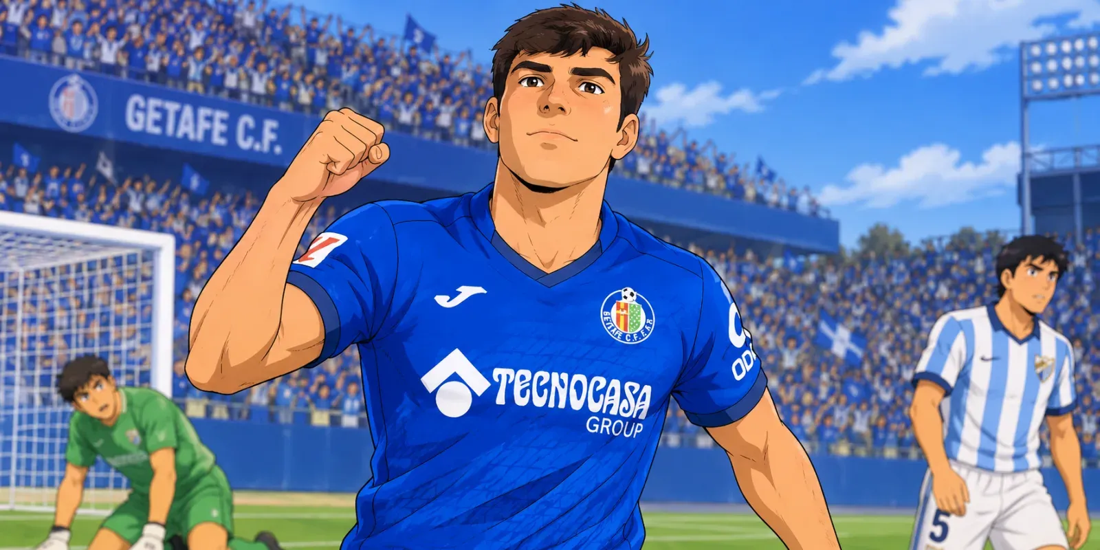 Ilustración estilo anime futbolístico: delantero del Getafe celebra con el puño en alto tras batir al portero del Málaga en el Coliseum
