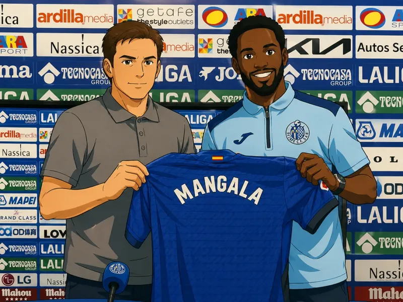 Orel Mangala posa con la camiseta del Getafe en su presentación ante el photocall del club, ilustración en estilo anime futbolístico clásico