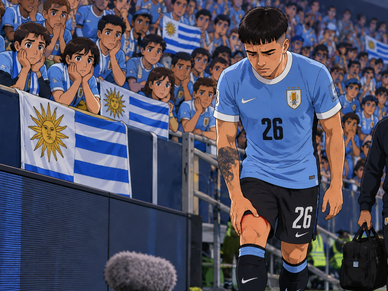 Ilustración de Martín Satriano, con la camiseta de Uruguay, retirándose dolorido de la rodilla ante la mirada preocupada de la afición