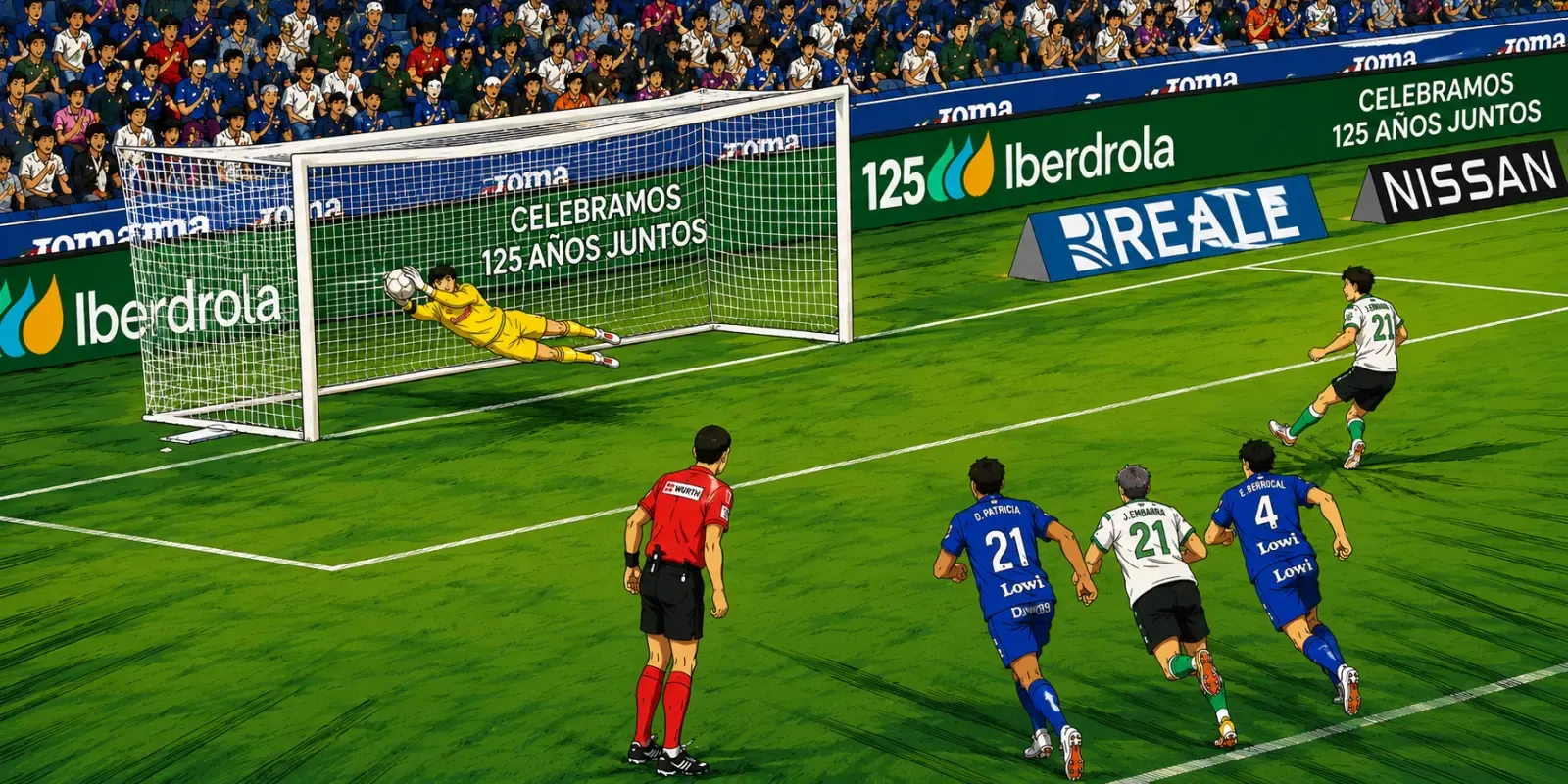 Ilustración estilo anime futbolístico para Soria para un penalti y Ünal decide: el Getafe estrena su casillero ante el Racing