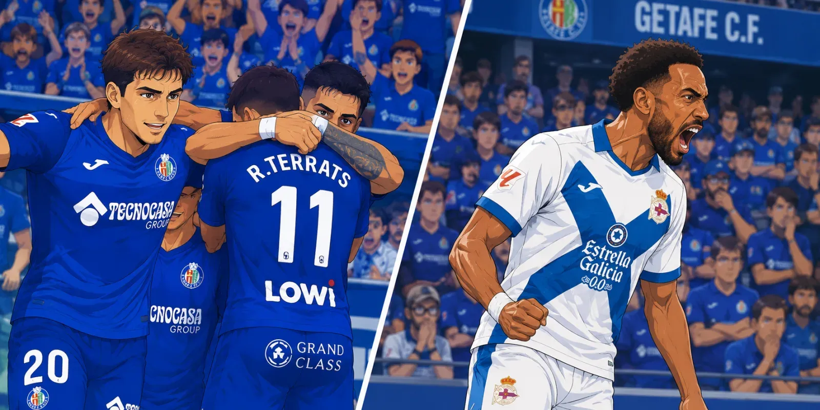 Ilustración estilo anime futbolístico para Terrats adelanta al Getafe y Aubameyang le quita la victoria en el Coliseum
