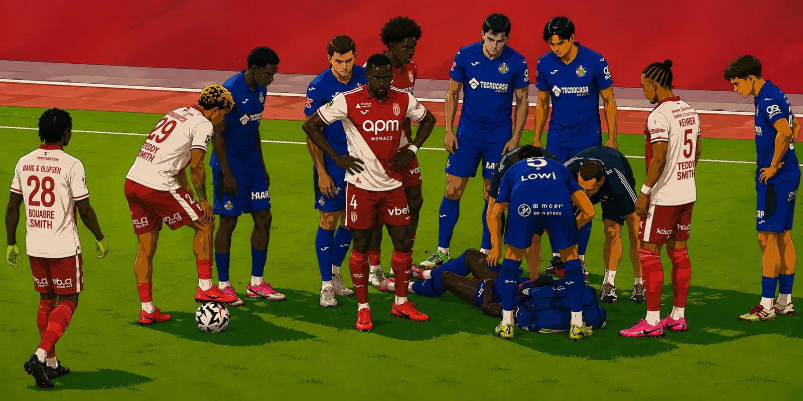 Ilustración estilo anime futbolístico para Uche se marcha en camilla en Mónaco y enciende las alarmas en el Getafe