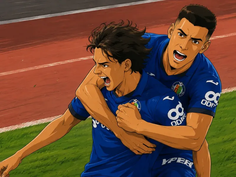 Ilustración estilo anime futbolístico para Ünal salva la eliminatoria: el Getafe pierde en Belgrado pero jugará la Conference League